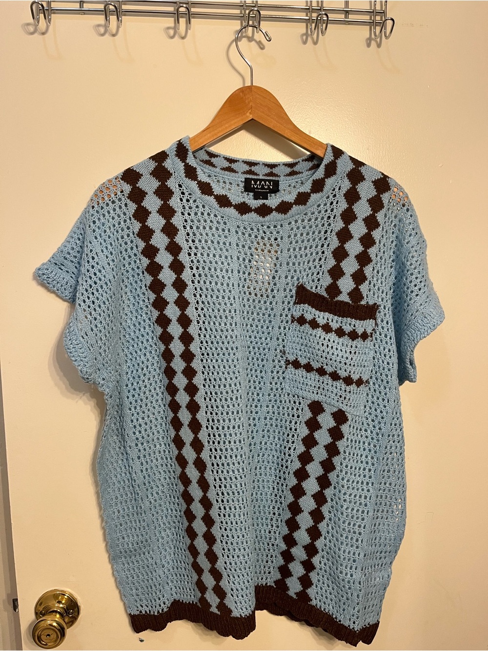 Light Blue & Brown Open-Knit Crewneck Sweater Tee